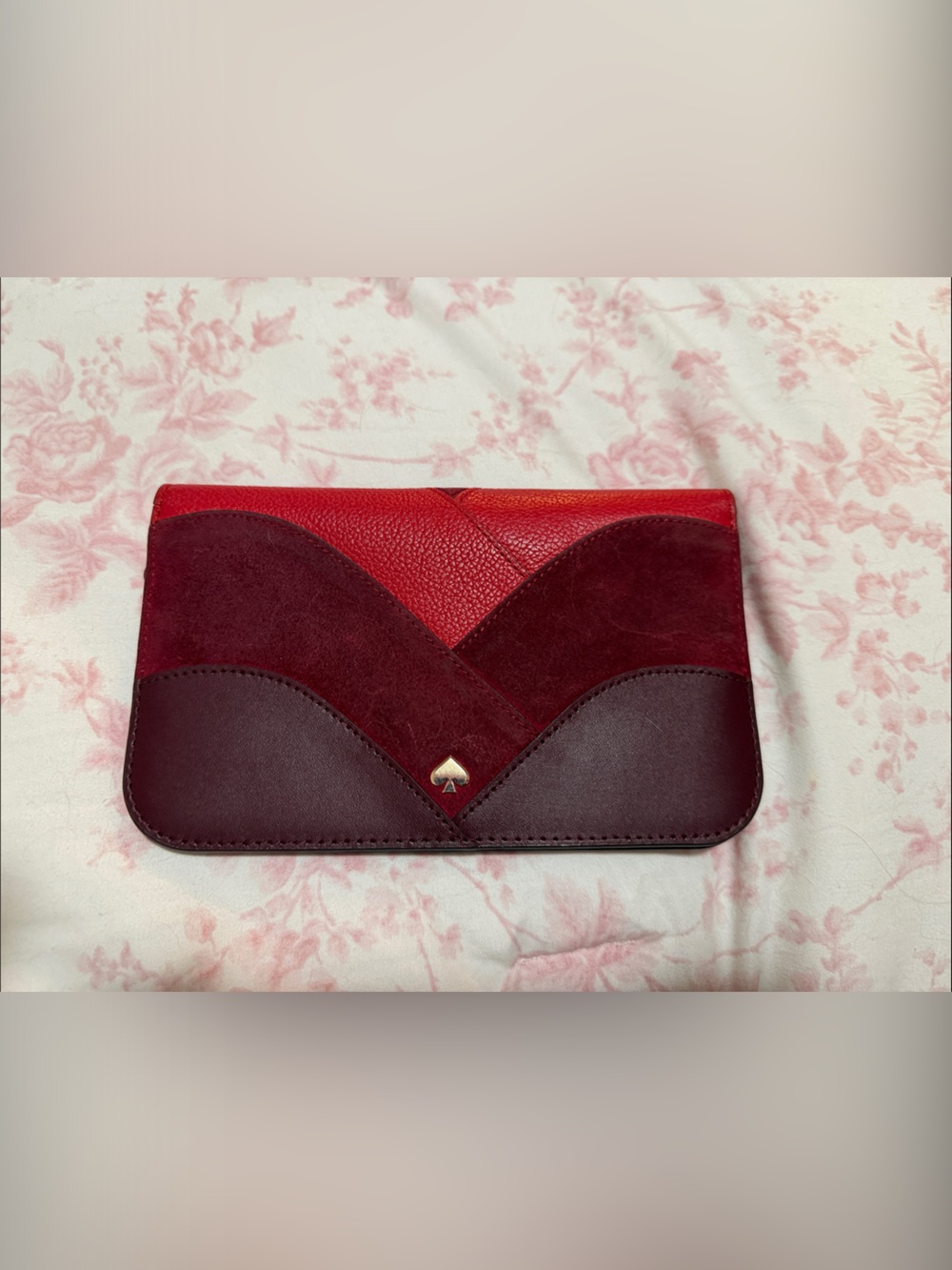 Kate Spade Colorblock Leather Continental Wallet Burgundy Red Suede - GUC